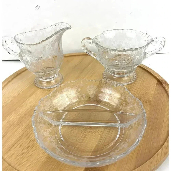 VTG Cambridge Rose Point Divided Dish Sugar and Creamer Etched Clear Glass - Picture 13 of 13
